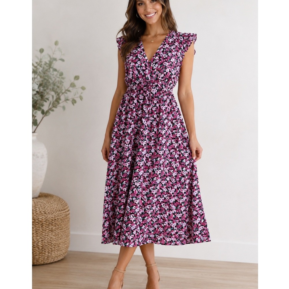 J.Crew Pink Purple Floral Flutter Sleeve V-Neck Midi Dress Womens‎ 2 Summer